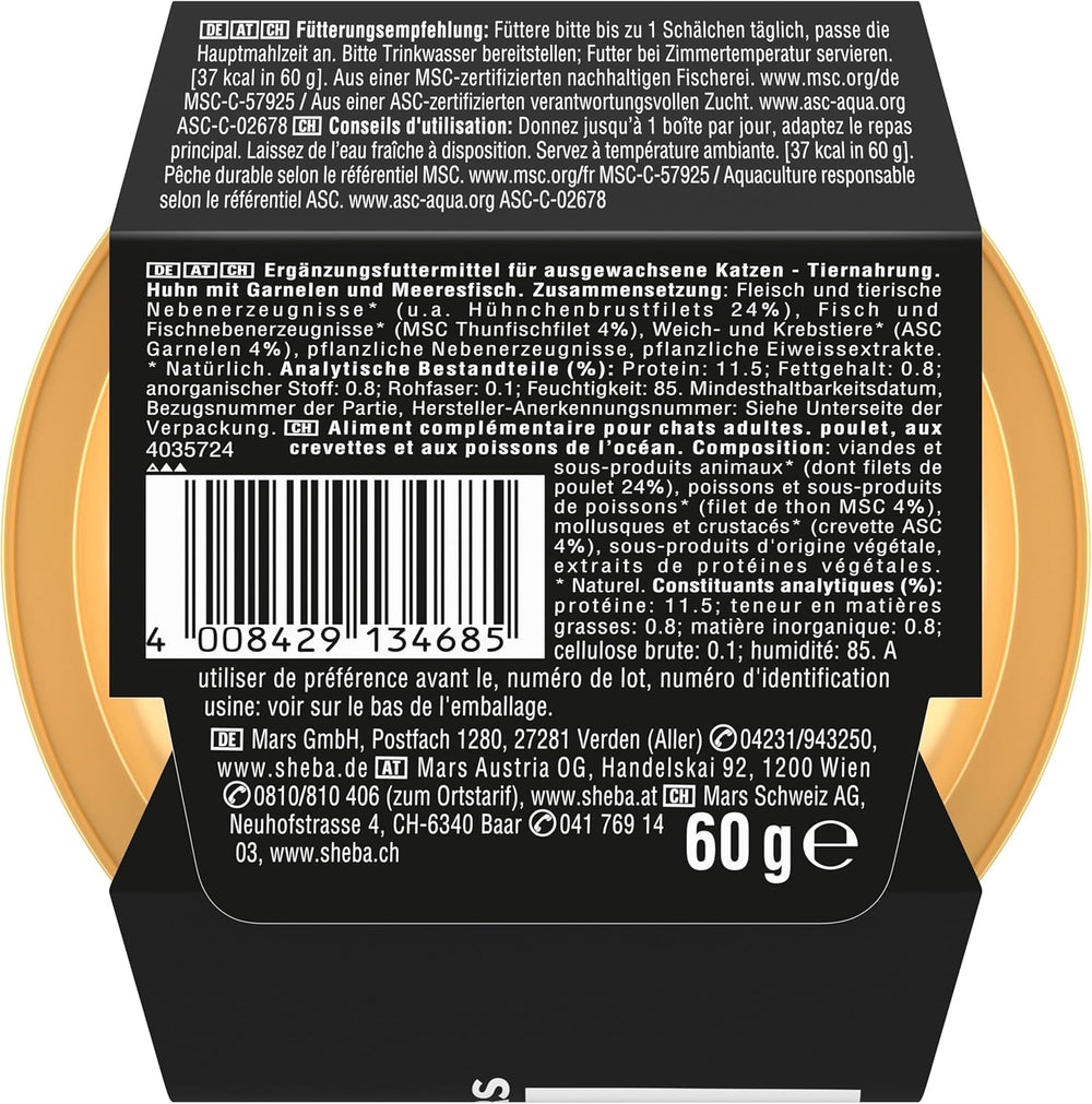SHEBA Filets Adult Katzenfutter in Sauce mit Huhn, Hochseefisch und Garnelen 16 x 60g Schale