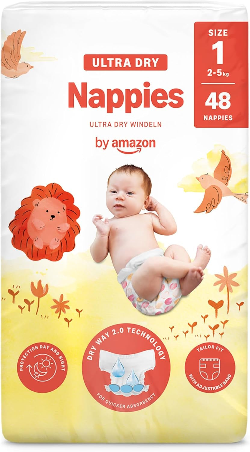 Amazon Ultra Dry Diapers, Size 1 (2-5 kg) - Monthly Box, White, 96 Count (2 Packs of 48) (Formerly Mama Bear Brand, Identical Product)