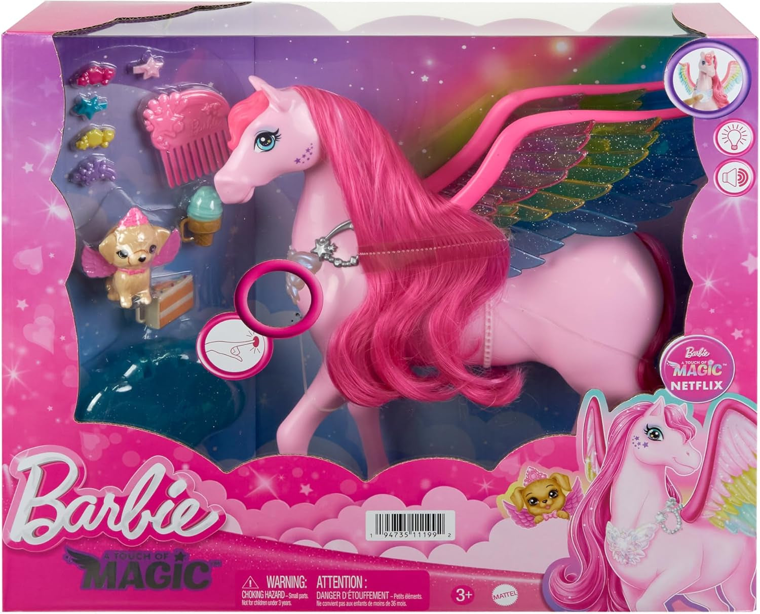 Barbie Pegasus Magie Ascunsă - Jucărie interactivă cu lumini și sunete, 10 accesorii, aripi curcubeu, pentru copii cu vârsta de 3 ani și peste, HLC41