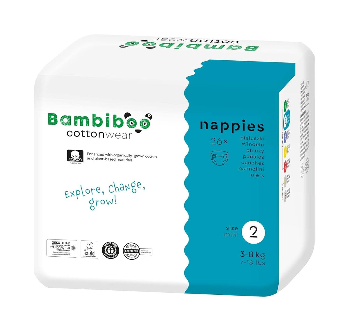 Bambiboo Scutece pentru copii - COTTONWEAR - Scutece de unică folosință pentru copii din bumbac organic și țesături pe bază de plante cu buric decupat Mama si Copilul Naty Shop Scutece, mărimea 2, 26 bucăți