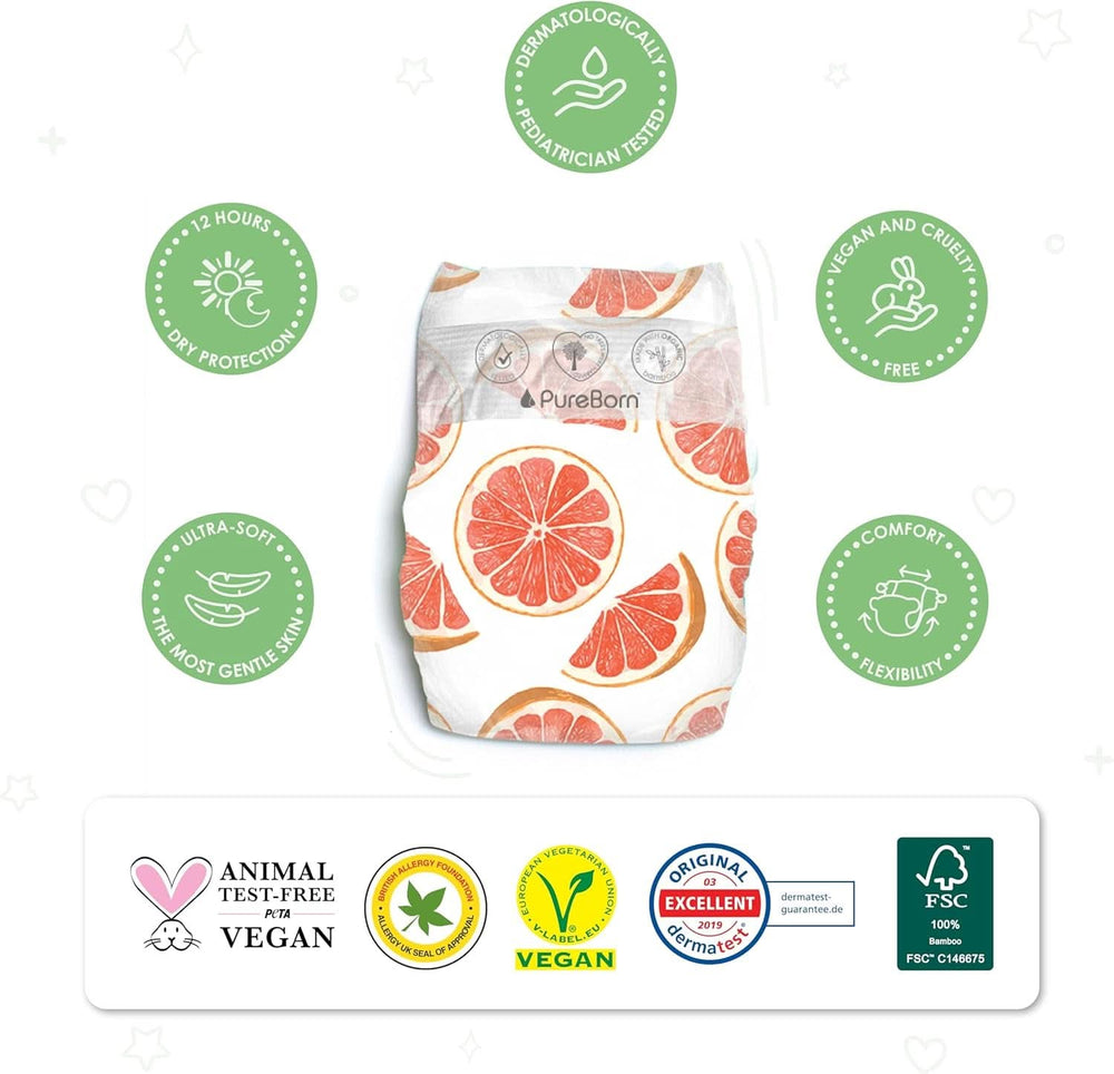 Pureborn Eco organic bamboo diapers, size for newborns up to 5 kg, ultra-soft, hypoallergenic, with moisture indicator, various prints Mother and Child Naty Shop