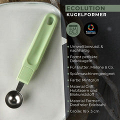 Fackelmann Ecolution Baller – Modelator de fructe și unt din fibre de lemn, bioplastic și oțel inoxidabil – Lingură pariziană de 18 x 3 cm, verde mentă