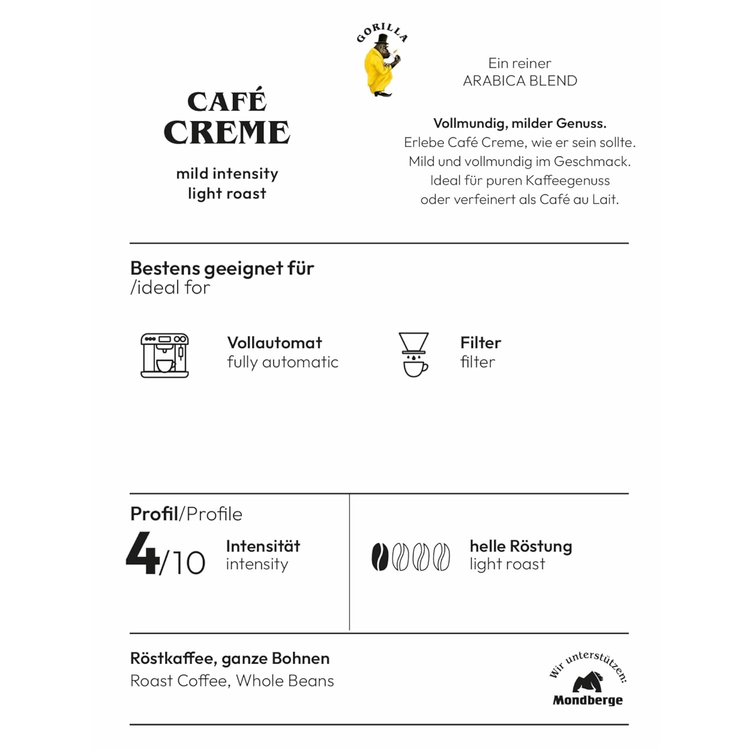 Gorilla Café Creme 6x 1000g | 100% traditionelle Arabica-Bohnen | Ideal Vollautomaten Crema harmonisches Aroma | geringer Koffeingehalt helle Röstung | Vorratspackung