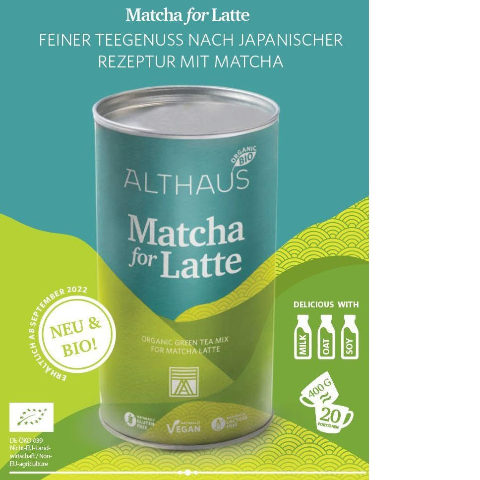 Matcha pentru latte Amestec de ceai verde cu zahăr din trestie, 400 g, vegan, pentru 20 porții