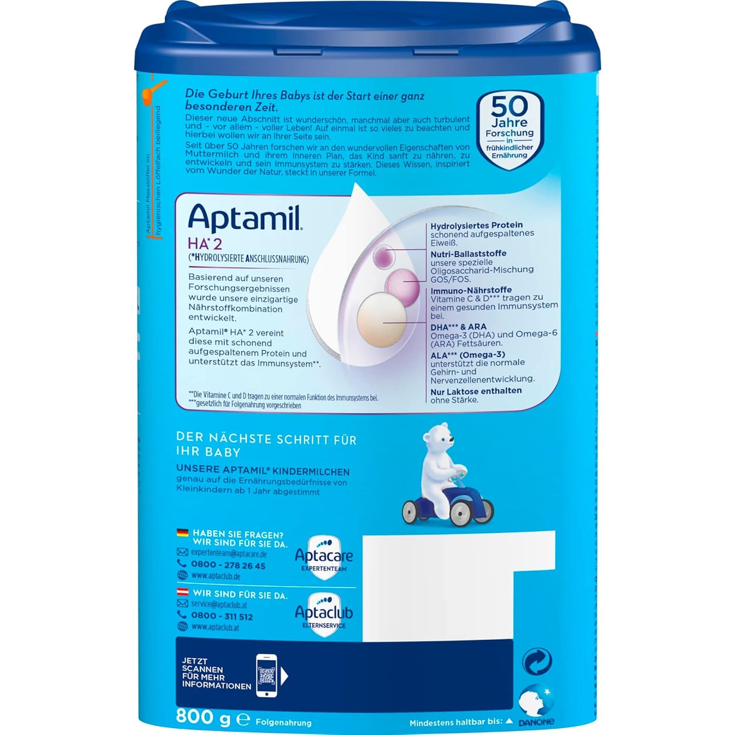 Aptamil HA 2 – Follow-on formula after 6 months, with Omega 3 and 6, DHA, ARA and ALA, Lactose free, Palm oil free, Baby food, Milk powder, 1 x 800g (Pack of 4)