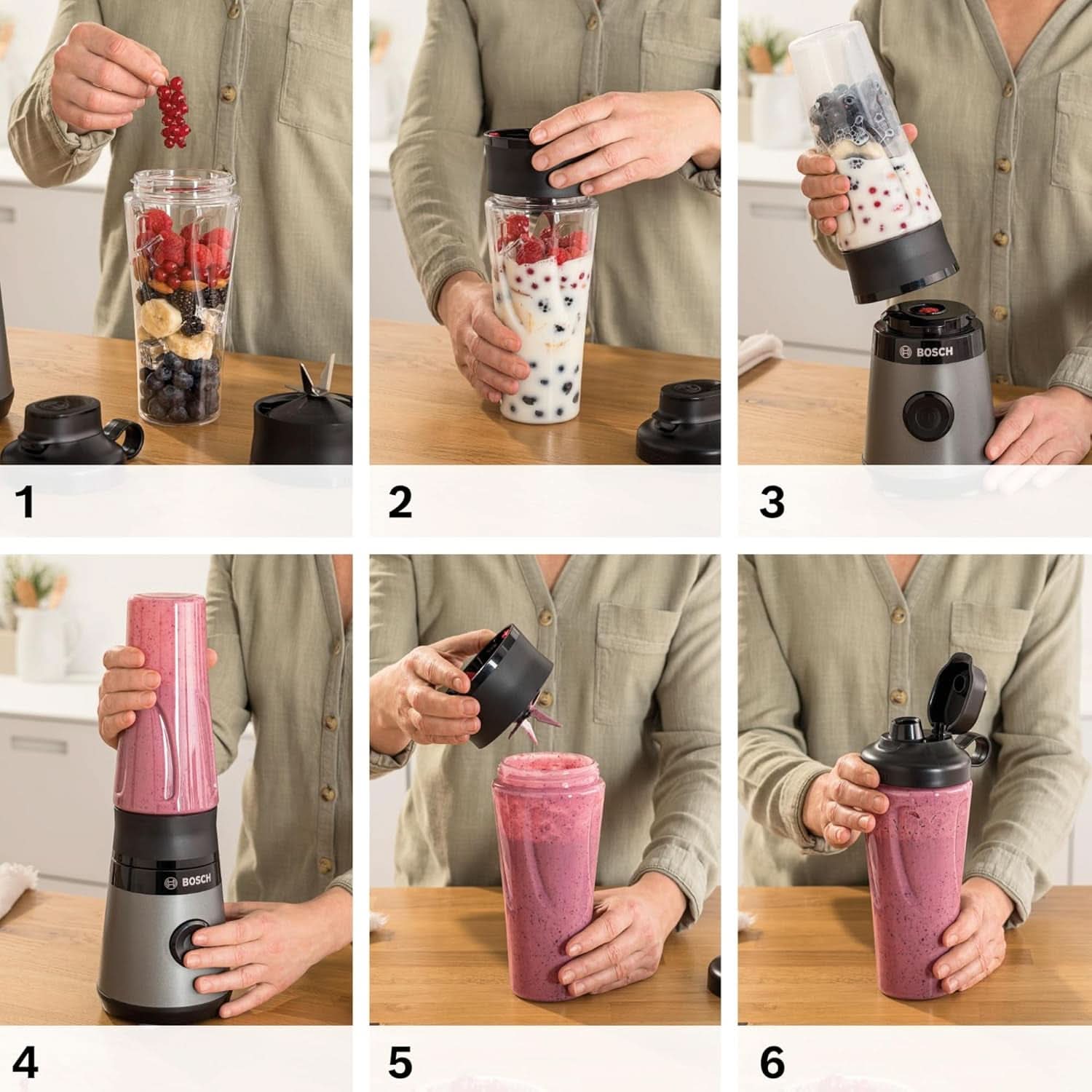 Bosch Mini-Standmixer Vitapower Serie 2 MMB2111S, Highspeed-Mixer, Bis Zu 40,000 Rpm, Tritan Togo-Flasche 0.6 L, Trinkdeckel, Bruchsicher, Spülmasch.Geeignete Teile, 450W, Silber/Schwarz Kitchen Naty Shop