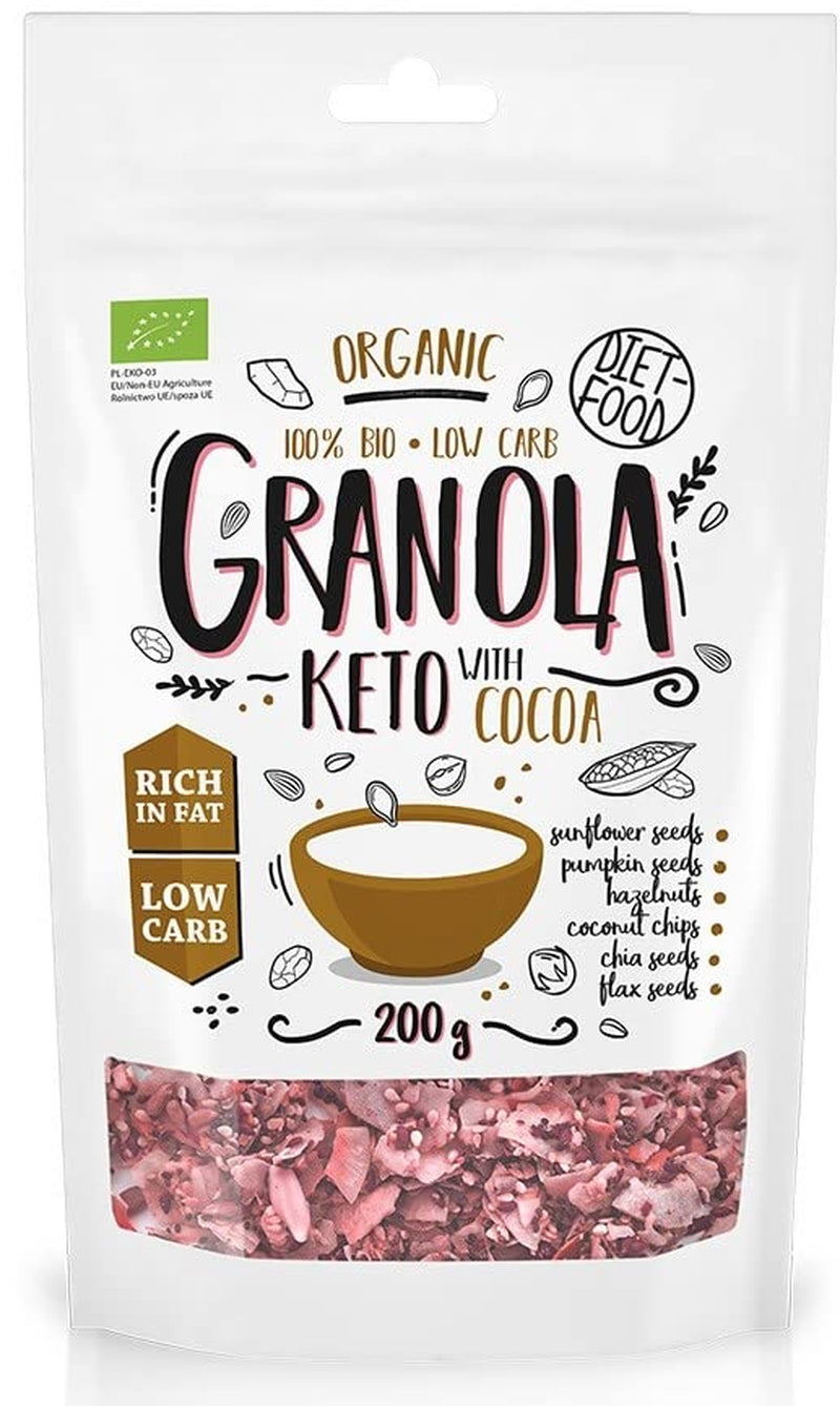DIET-FOOD Keto Granola Mit Himbeere Low Carb Und Fettarm Glutenfreies Granola Frühstücksmüsli Non-Gmo Snack Ohne Zuckerzusatz 200G 1Er Pack Cereale Naty Shop 1 Stück (1Er Pack) Bio Keto Granola Cacao