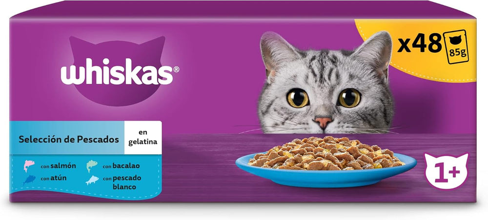 Whiskas Nassfutter für ausgewachsene Katzen, Fischauswahl in Gelee (Multipack, 4 x 12 x 85 g)
