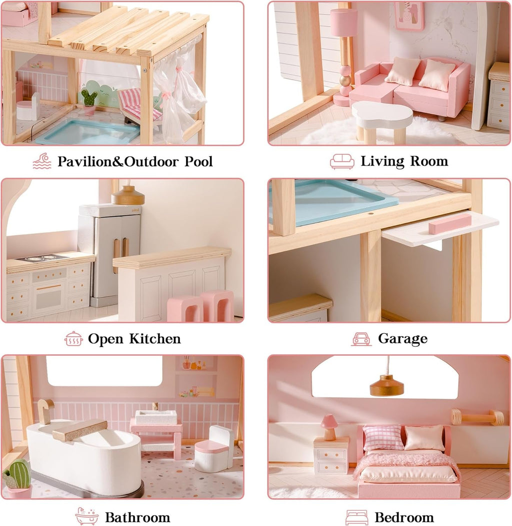 ROBUD Casă de păpuși din lemn, vilă de păpuși cu mobilier, cu lift, garaj, pavilion și piscină, cadou pentru copii de 3, 4, 5, 6 ani și mai mari, roz Casute de papusi Naty Shop