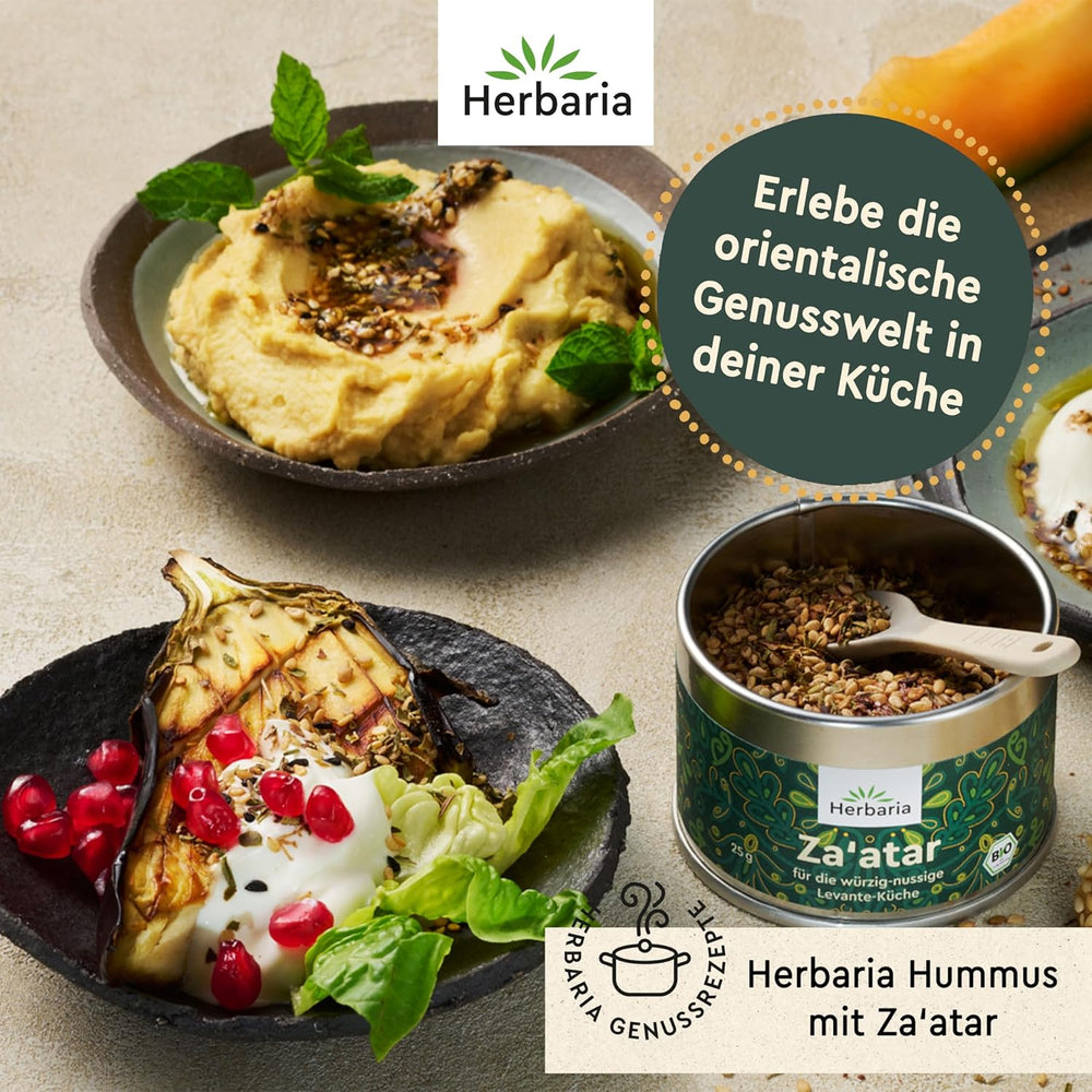 Herbaria Za'atar bio 25g S-Dose – Zaatar Gewürz, Zaatar Gewürz - oriental Organic-Gewürmischung für Gerichte der Levante Küche - mit erlesenen Ingredient - in nachhaltiger Aromaschutz-Dose