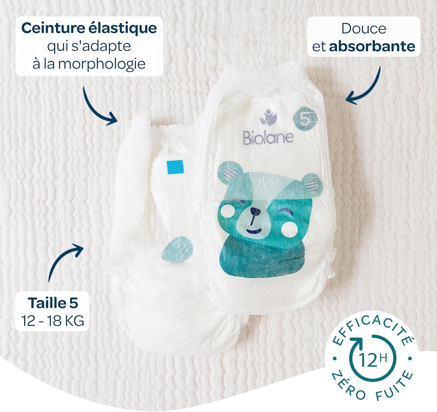 BIOLANE - Short diapers - Size 5 (12-18 kg) - 12 hour tightness - 1 month pack - 120 diapers - ecological