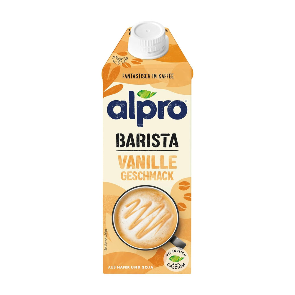 Alpro Barista Vanille – Zum Aufschäumen – Von Natur aus laktosefrei – Reich an Ballaststoffen, Calcium und Vitaminen – 8 x 750 ml – Haltbar