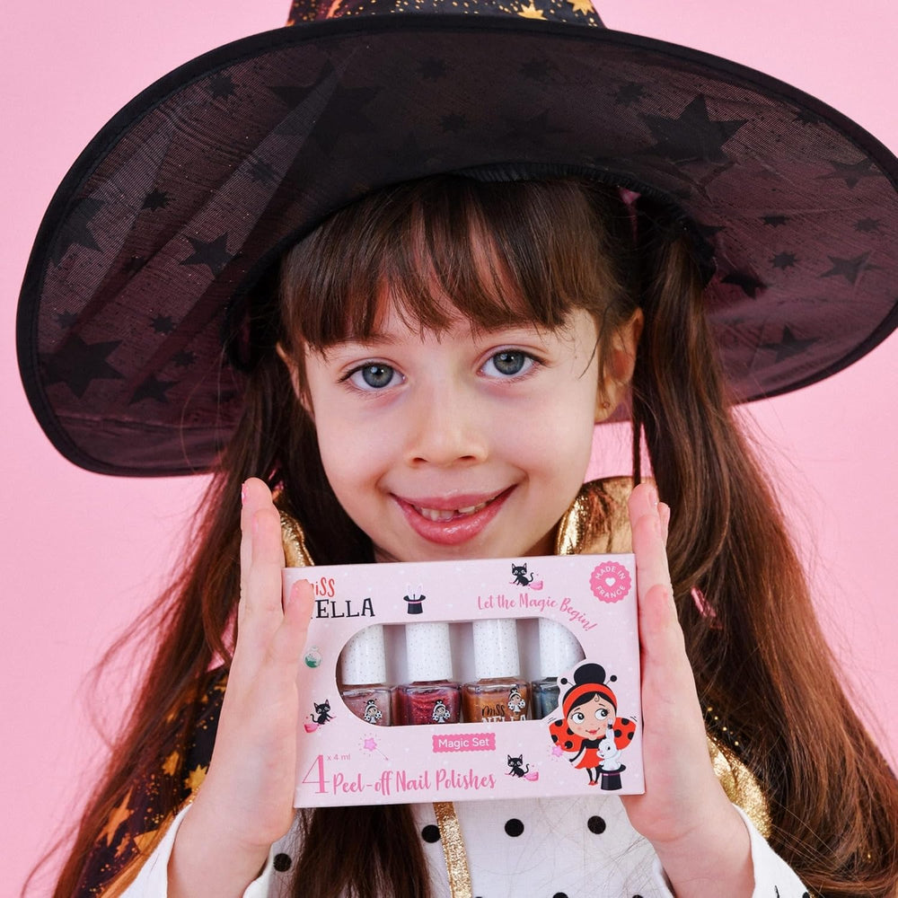 Miss Nella Magic Collection 4 Piece Glitter Nail Polish Set: Pink, Red, Gold and Blue, Kids Special Removable Nail Polish, Non-Toxic, Water-Based, Odorless