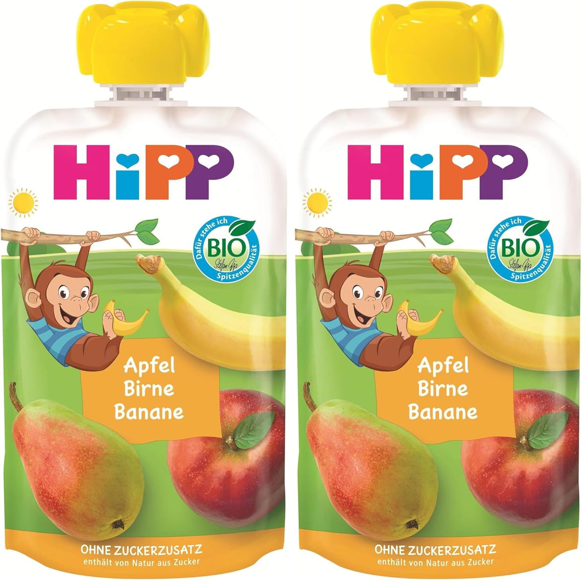 HiPP organic fruit pouches, squeezable, apple, pear, banana - Anton Maimuta (8 x 100g), from 1 year, 100% fruit puree, no added sugar, vegan, best organic quality (pack of 2)
