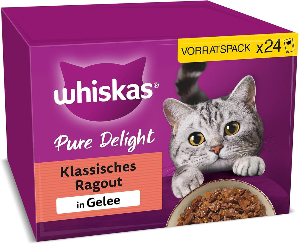 WHISKAS PURE DELIGHT Hrană umedă în jeleu 24 x 85g Ragout clasic (4 pachete) 48 pliculețe porționate