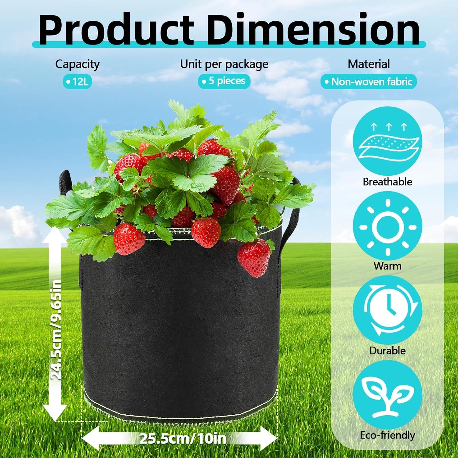 5 x 12L Tomato Pots, Non-Woven Planting Bags with Handles, Thickened and Ventilated Garden Pots, Reusable Planting Bags for Potatoes, Tomatoes, Vegetables, Flowers and Strawberries