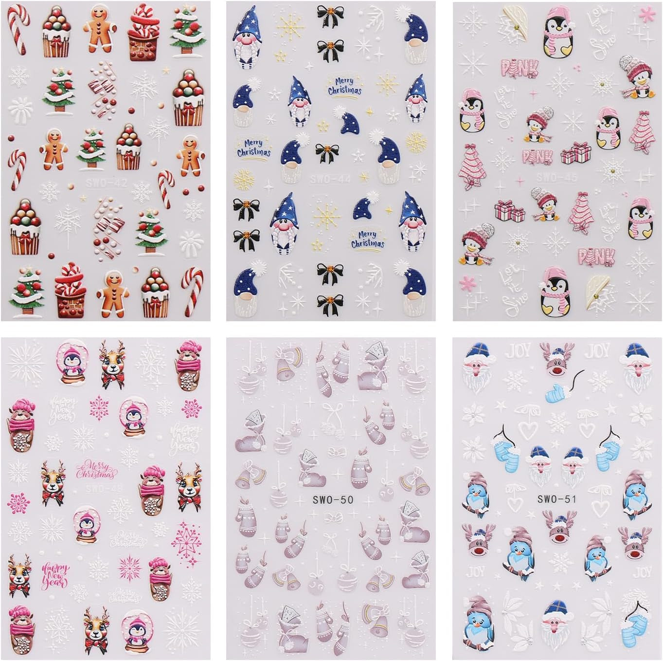 JMEOWIO Nagelsticker Weihnachten 6 Blatt Nail Art Sticker Selbstklebend Nagelaufkleber Schneeflocke Winter Urlaub Süß Dekoration Nageldesign Zubehör