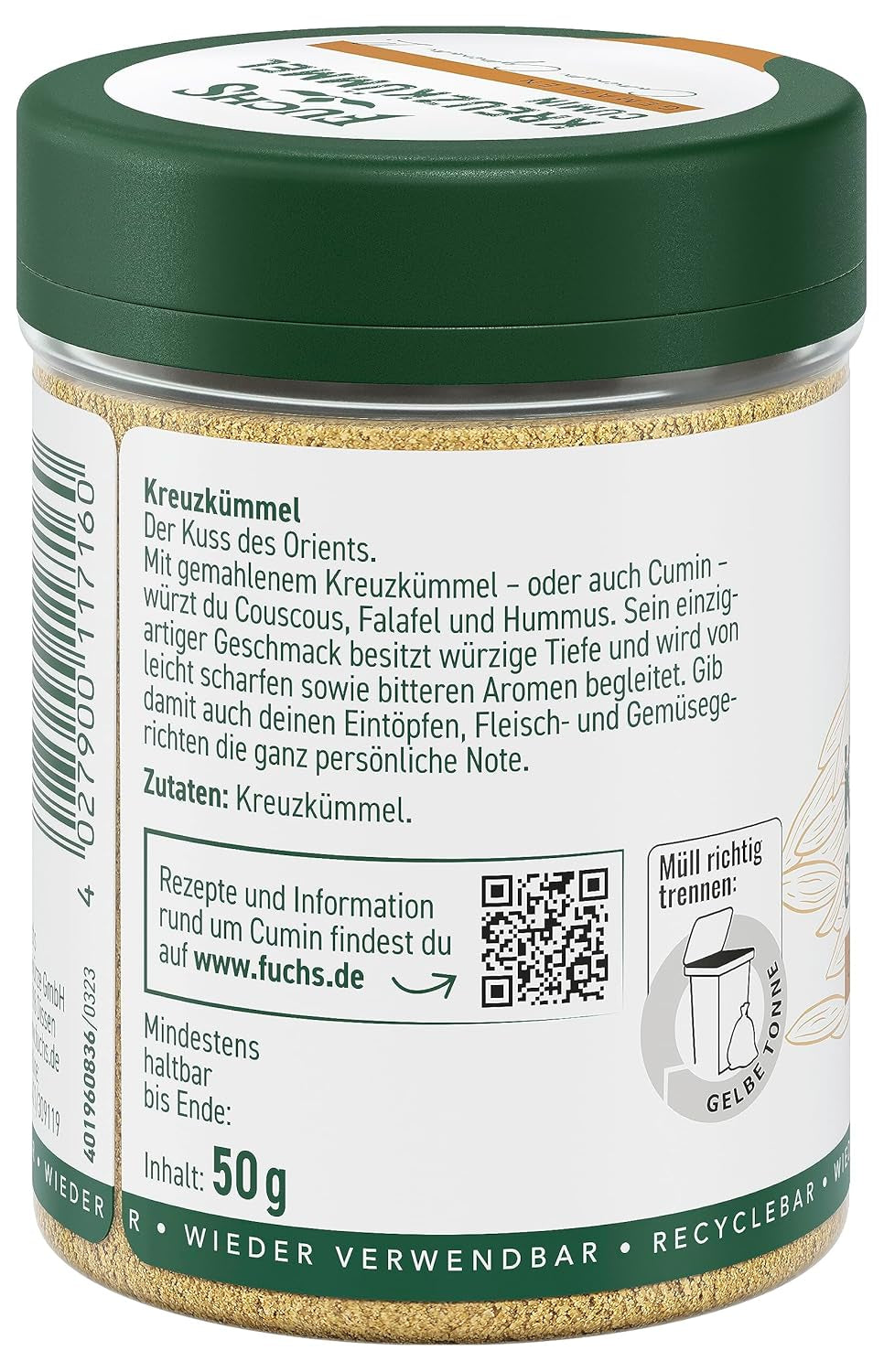Fuchs Gewürze - Kreuzkümmel gemahlen - zum Würzen von Couscous, Hummus und Falafel - natural ingredients - 50 g in wiederverwendbarer, recyclebarer Dose
