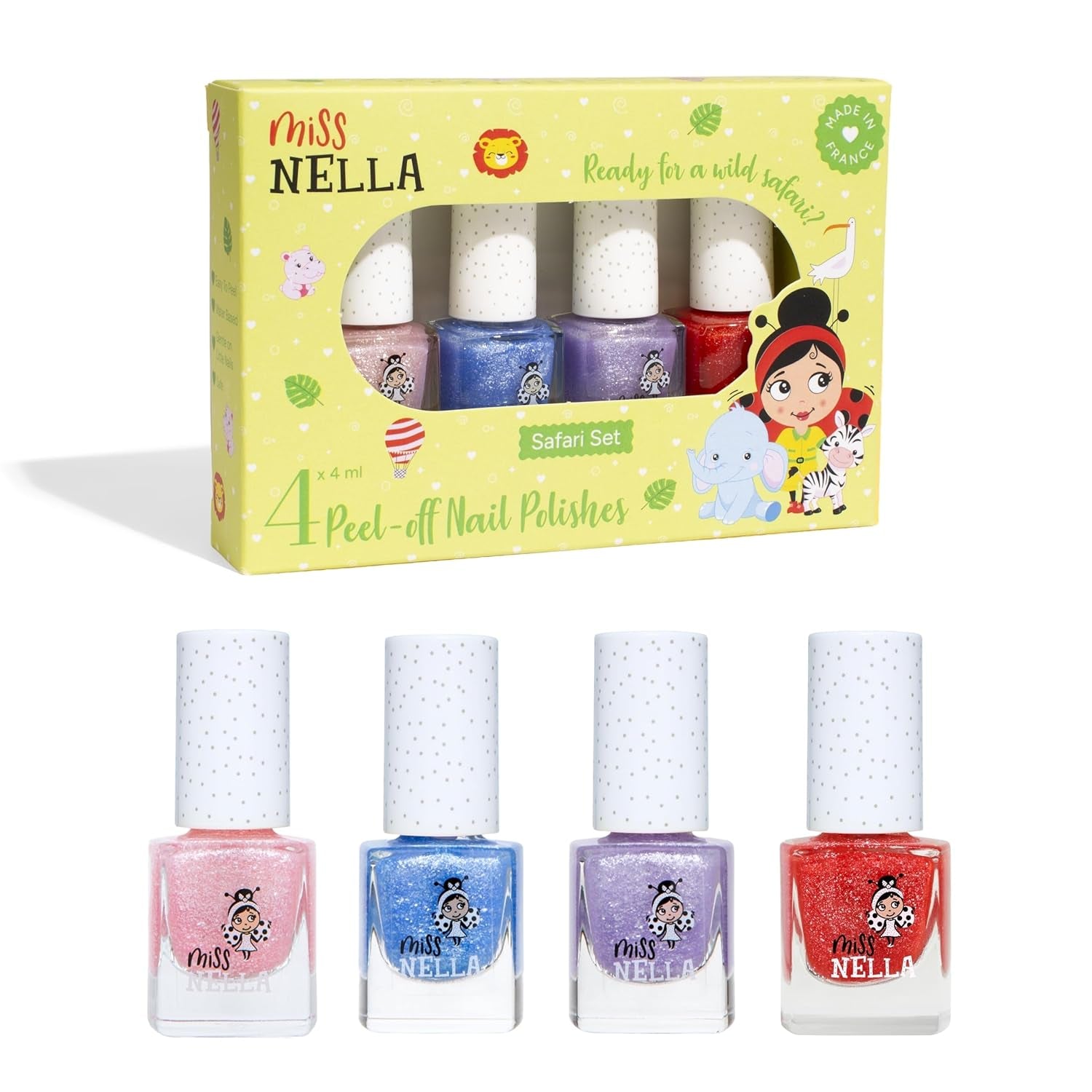 Miss Nella Magic Collection 4 Piece Glitter Nail Polish Set: Pink, Red, Gold and Blue, Kids Special Removable Nail Polish, Non-Toxic, Water-Based, Odorless