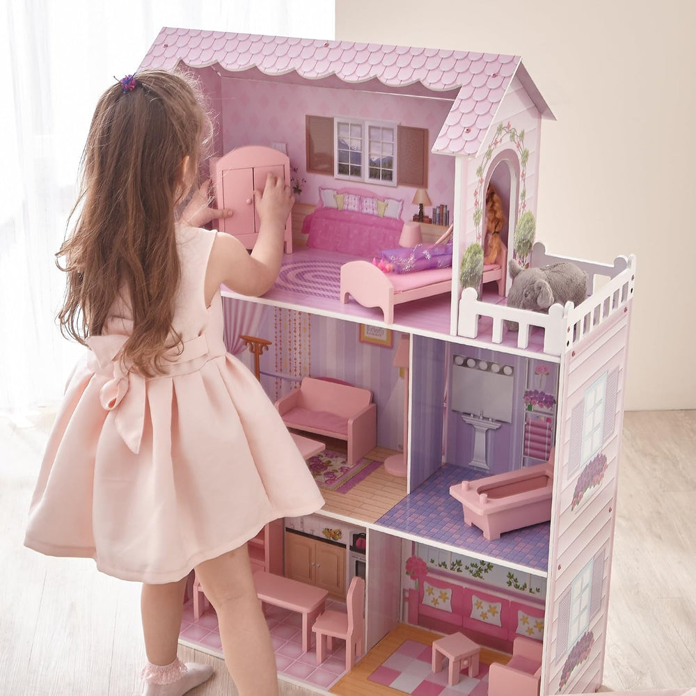 Olivia's Small World Giant Dollhouse, Large Wooden Dollhouse with Furniture and Accessories, 3-Story Dollhouse for Kids, Dollhouse for 12" Dolls, 3 Years + Naty Shop Dollhouses
