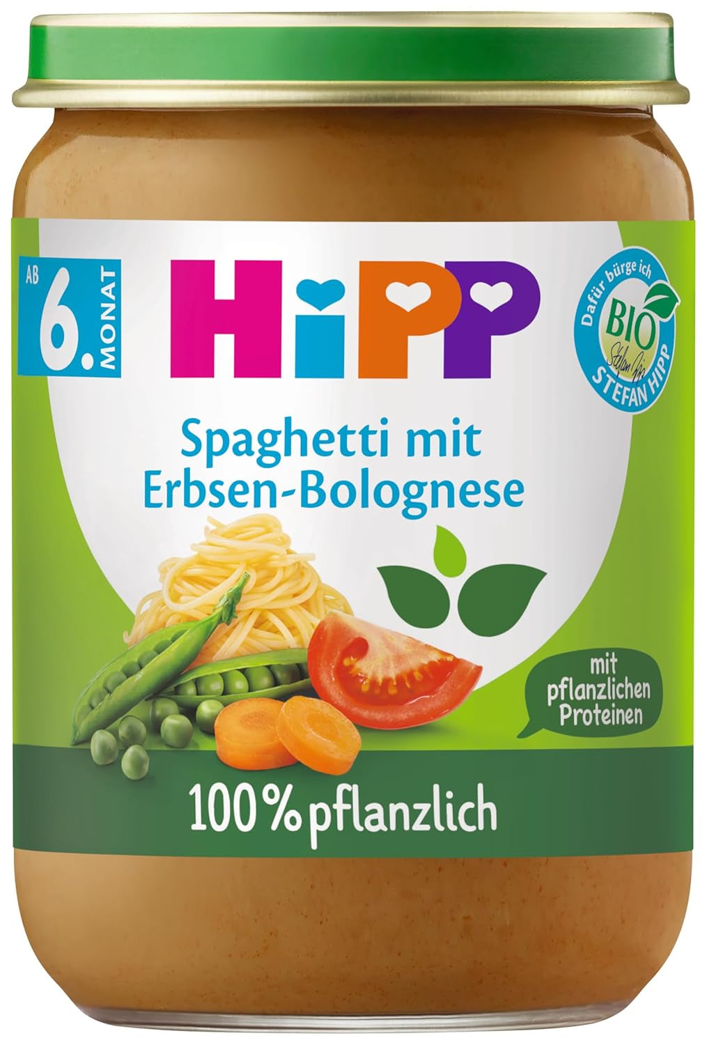 HiPP Organic Spaghetti Bolognese with Peas (6 x 190g), Baby Meal from 5/6 Months, 100% Plant-Based, No Added Salt, Best Organic Quality