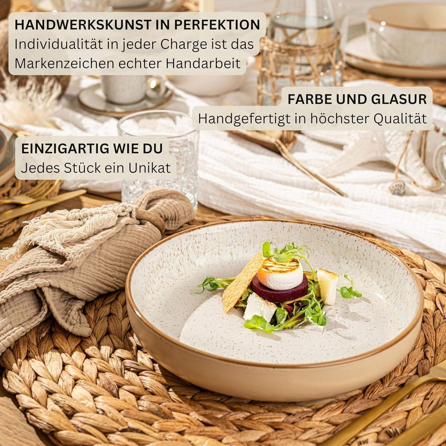 SÄNGER Rio Creme | Set de veselă din gresie pentru 6 persoane, format din 18 piese, inclusiv 6 farfurii de cină, 6 farfurii de desert și 6 boluri | COLECȚIA VALUE