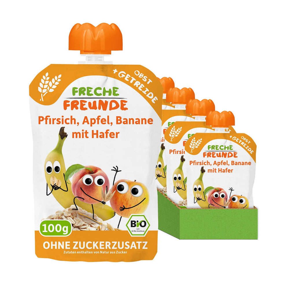 FRECHE FREUNDE Peach Apple Banana Oats Organic Fruit Puree with Cereal in a Squeezable Pouch for Babies 6 Months+ Vegan 6 Pack (6 x 100g)
