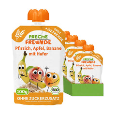FRECHE FREUNDE Peach Apple Banana Oats Organic Fruit Puree with Cereal in a Squeezable Pouch for Babies 6 Months+ Vegan 6 Pack (6 x 100g)
