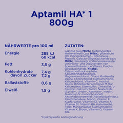 Aptamil HA 1 - Infant formula from birth, with DHA, lactose free, palm oil free, baby food, milk powder, 1 x 800 g