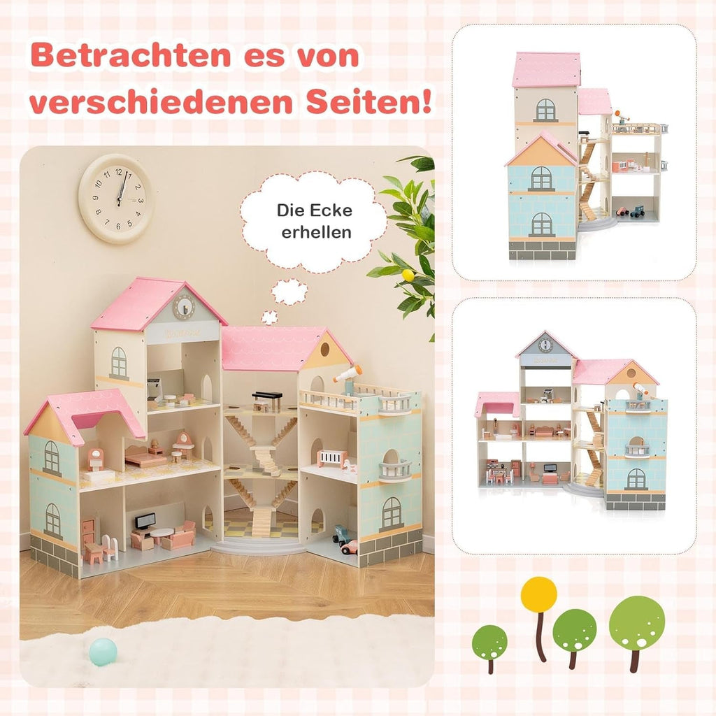 Casă de păpuși din lemn FANTASK, casă de păpuși 94 cm înălțime cu 41 de piese de mobilier și accesorii, vilă de păpuși cu 6 camere, terasă și garaj, cadou pentru fete de la 3 ani Casute de papusi Naty Shop