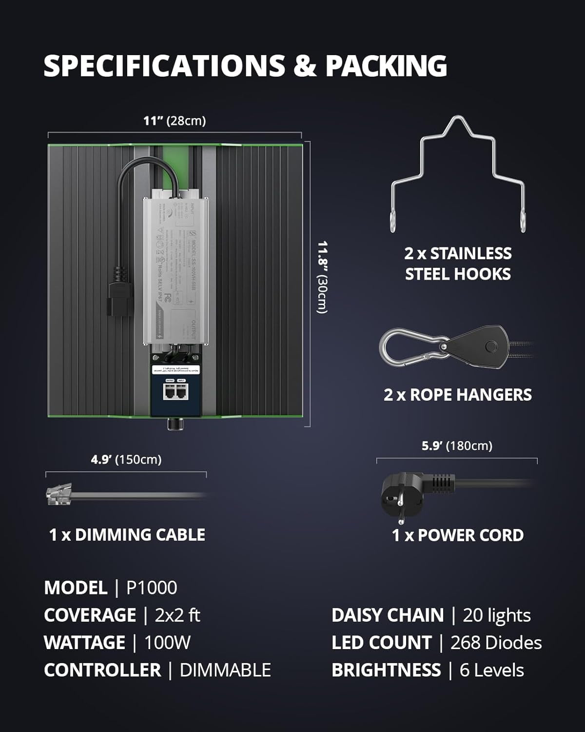 VIPARSPECTRA P1000 LED Grow Light Full Spectrum 2024 LED Grow Light 0%-100% Dimmable for Greenhouses Indoor Plants Seedlings Vegetables Flowers Grow Tents 60x60cm and 80x80cm