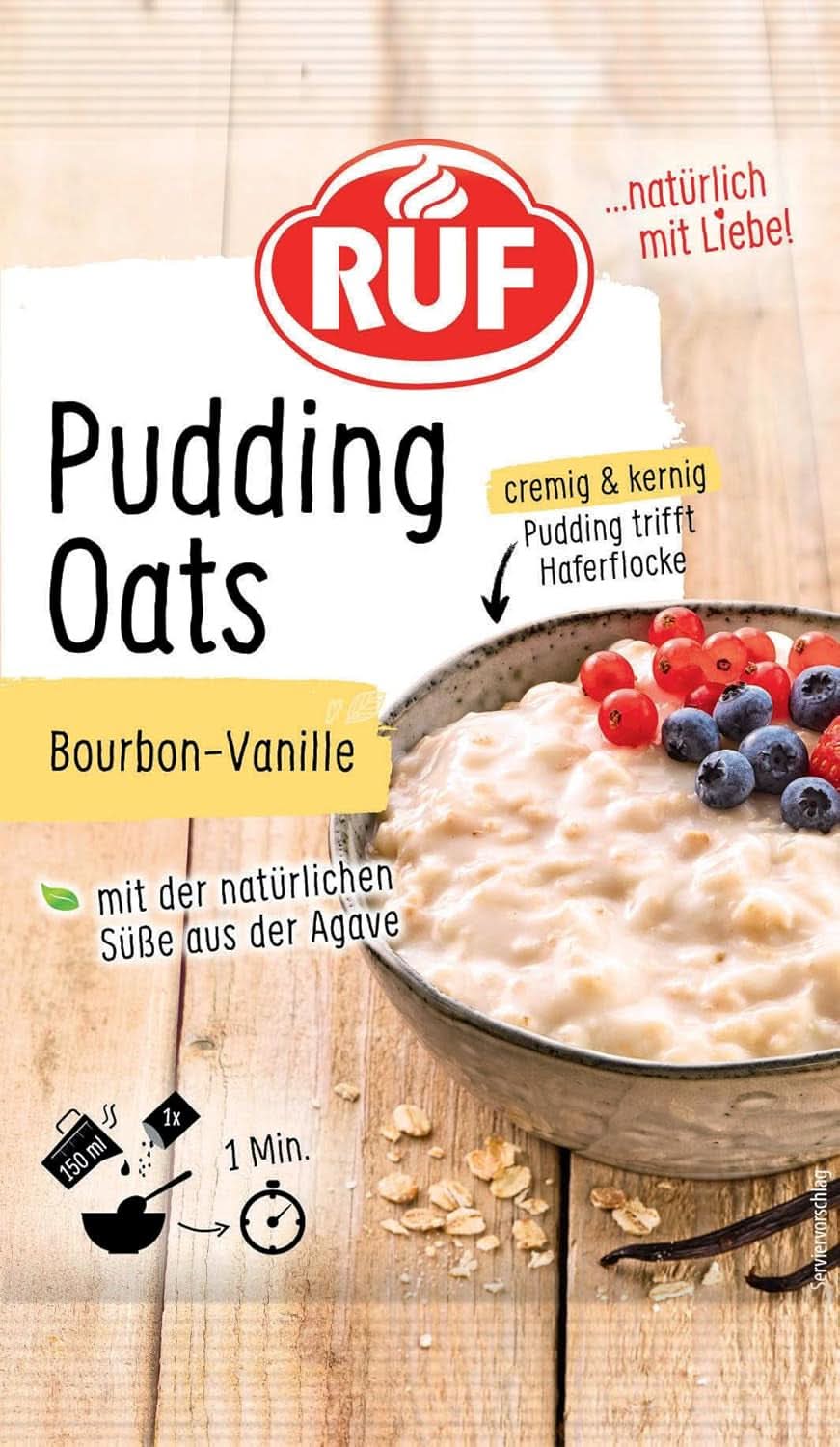 RUF Pudding Oats Caramel, caramel pudding and whole oats, sugar-free, sweetened with agave syrup, 64 grams Cereal Naty Shop 60 grams Vanilla