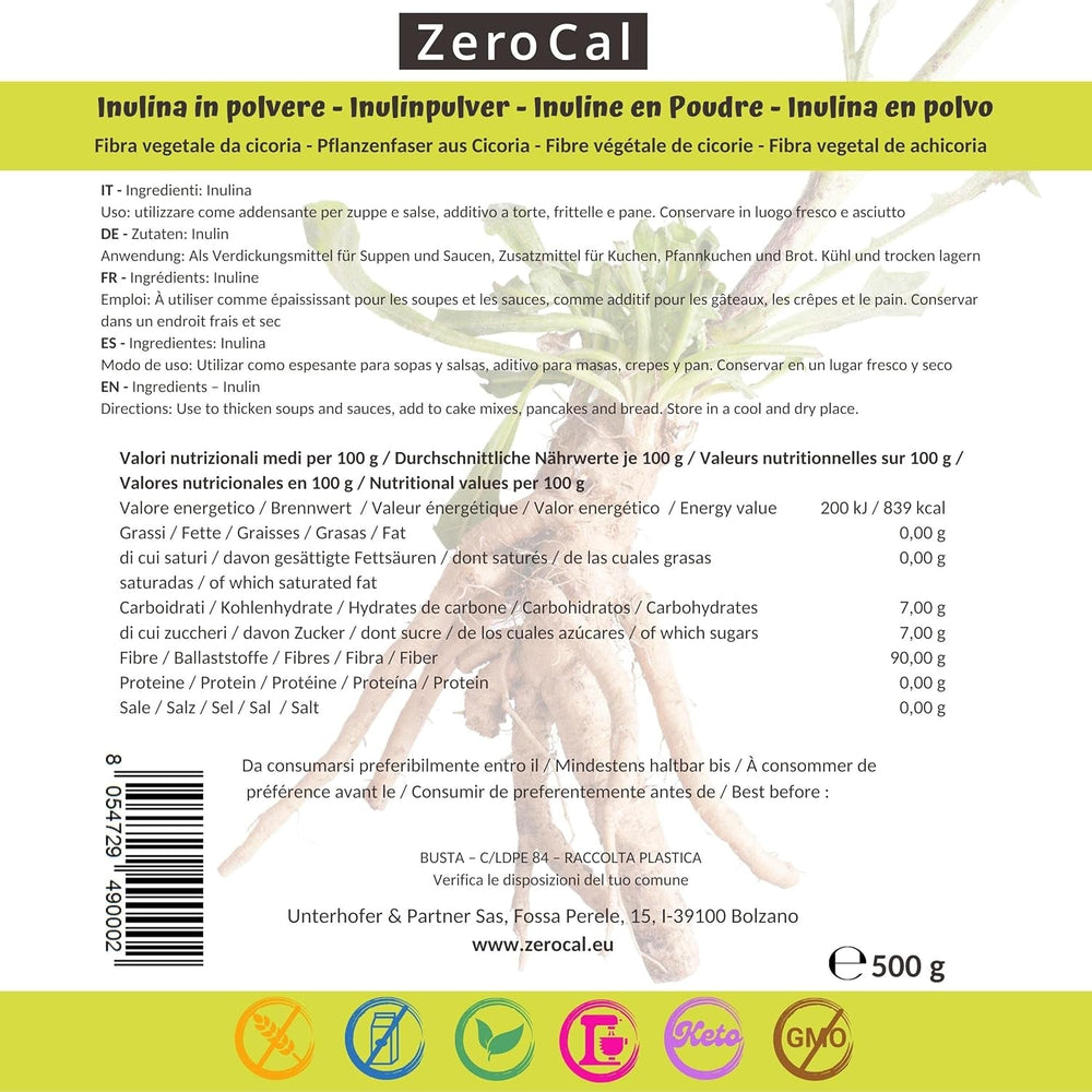 Zerocal - Inulin Powder From Chicory-Wurzel 500 G | Inulin Mit Hohem Ballaststoffgehalt | 100% Vegan Und Glutenfrei | Herkunft Deutschland Sweeteners Naty Shop