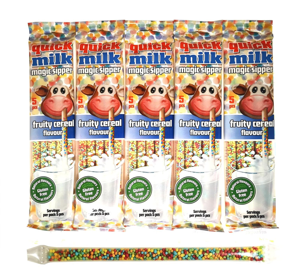 QUICK MILK Fruity Cereal - Strohhalme für Milch mit Getreide und Früchten, 5 Packung je 5 Trinkhalme (25 Halme)