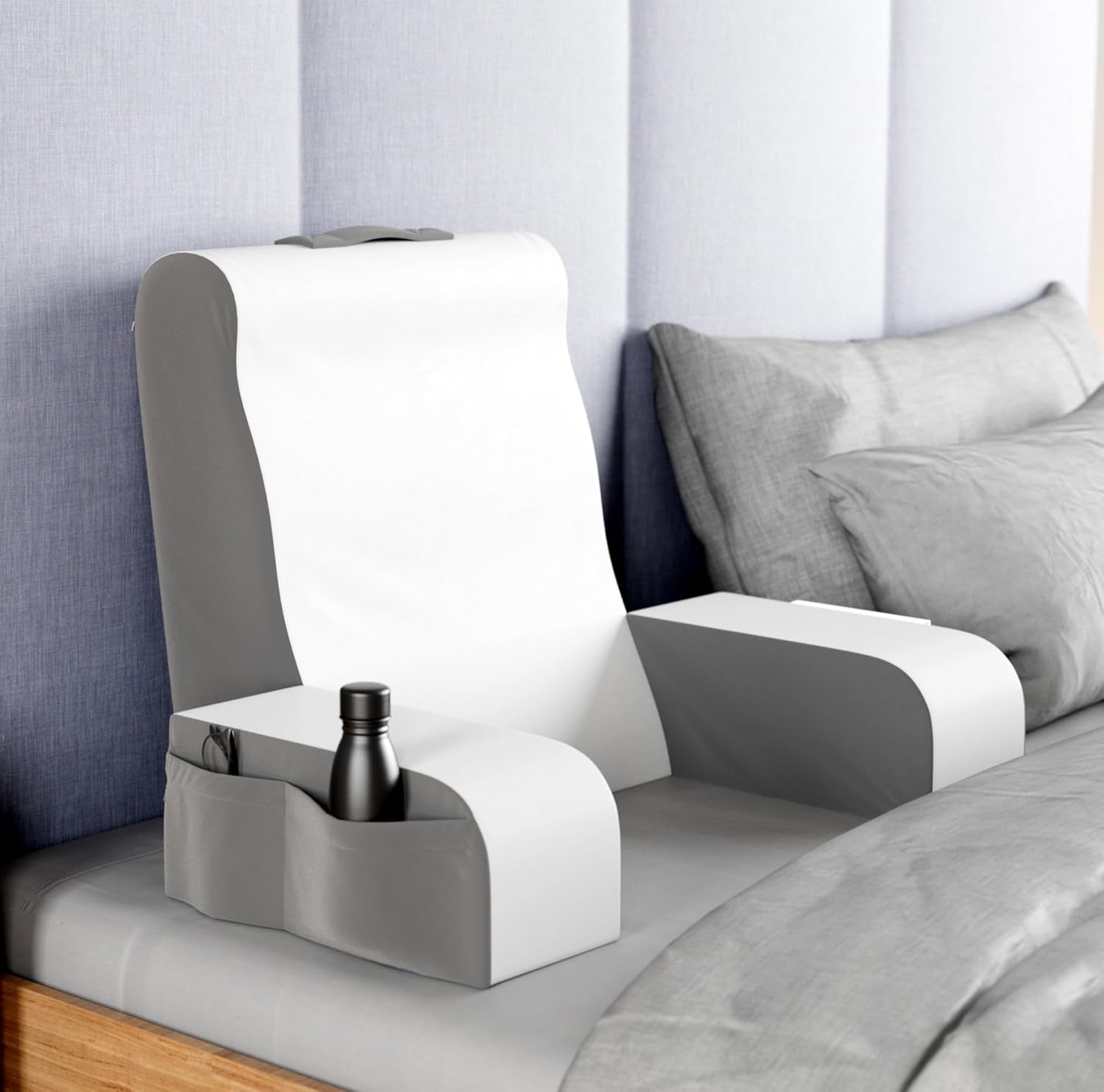 Pernă de citit tip pană, pernă de spătar pentru stat în pat, pernă cu brațe pentru TV, cărți, jocuri, dormitor, suport pentru spate (gri/alb, standard)