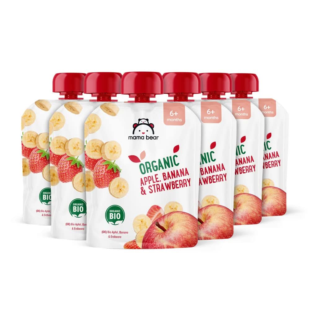 Mama Bear, organic puree different fruits, set 6 x 90 grams Mother and Child Naty Shop 6 x 90 grams Apples, bananas and strawberries