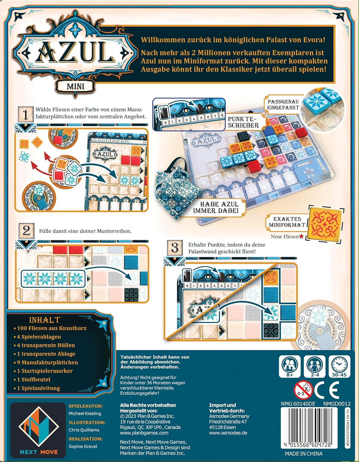 Next Move Games, Azul Mini, family game, board game, 2-4 players, ages 8+, 30-45 minutes, German