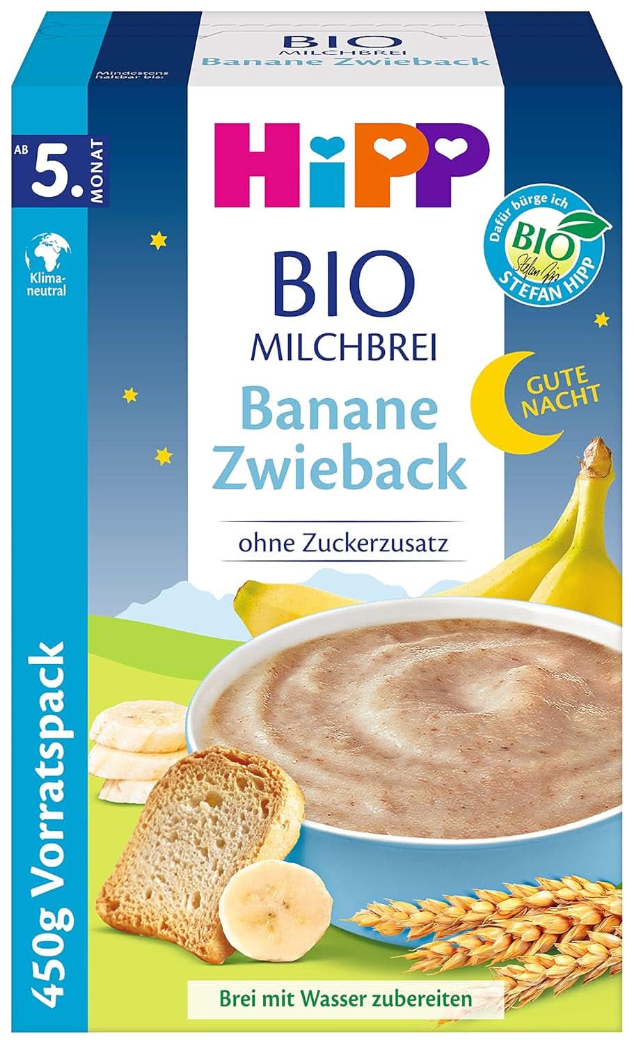 Hipp organic milk porridge without added sugar, semolina and banana, storage package (4X450 grams) Mother and Child Naty Shop 4 x 450 grams Banana Rusk