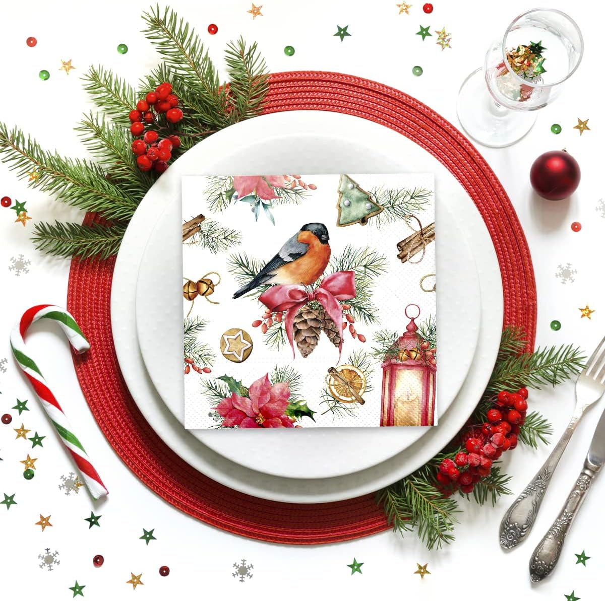 PAW - Șervețele 3 straturi (33 X 33 Cm) I 20 bucăți I Șervețele de hârtie colorate perfecte pentru masa de Crăciun I Șervețele - Crăciun, iarnă, ciulin, lampă I Bullfinch cu lampion