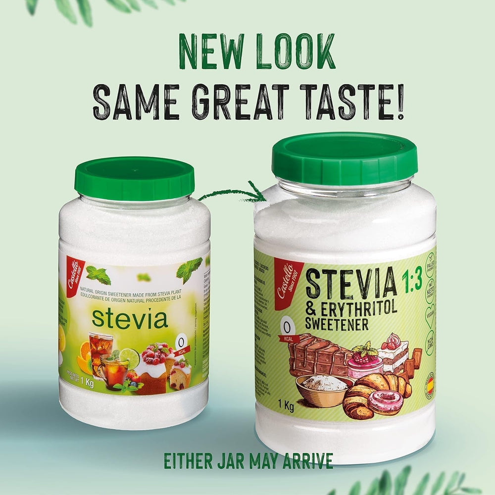 Stevia + Erythritol 1:3 Süßstoff | 1G = 3G Zucker | 100% Natürlicher Zuckerersatz - 0 Kalorien - 0 Glykämischer Index - Keto Und Paleo - 0 Netto-Kohlenhydrate - Kein GVO - Castello since 1907-1 Kg Sweeteners Naty Shop
