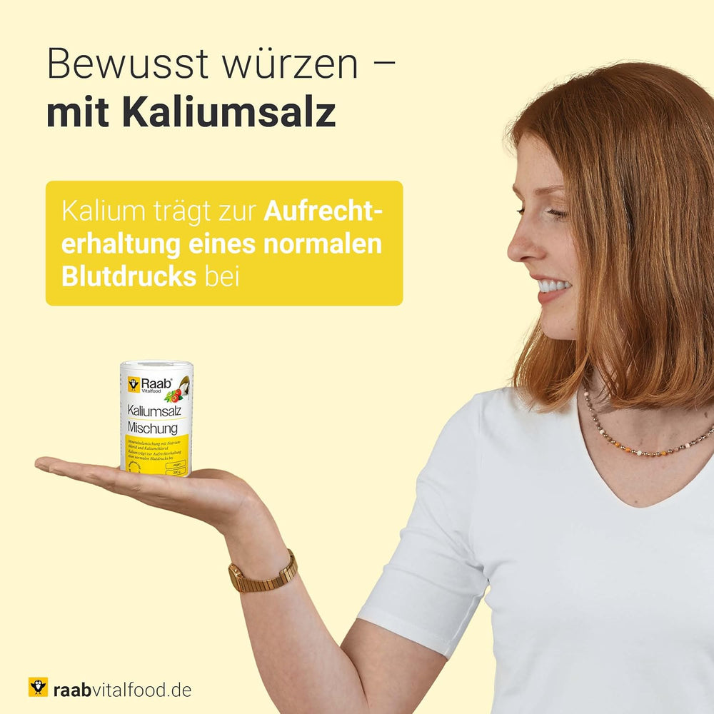 Raab Vitalfood Kalium salt-Mischung, Mineralsalzmischung mit 66.7% Natriumchlorid (Kochsalz) und 33% Kaliumchlorid, Kalium trägt zur Aufrechterhaltung eines normalen Blutdruck bei (1 x 200 g Dose)