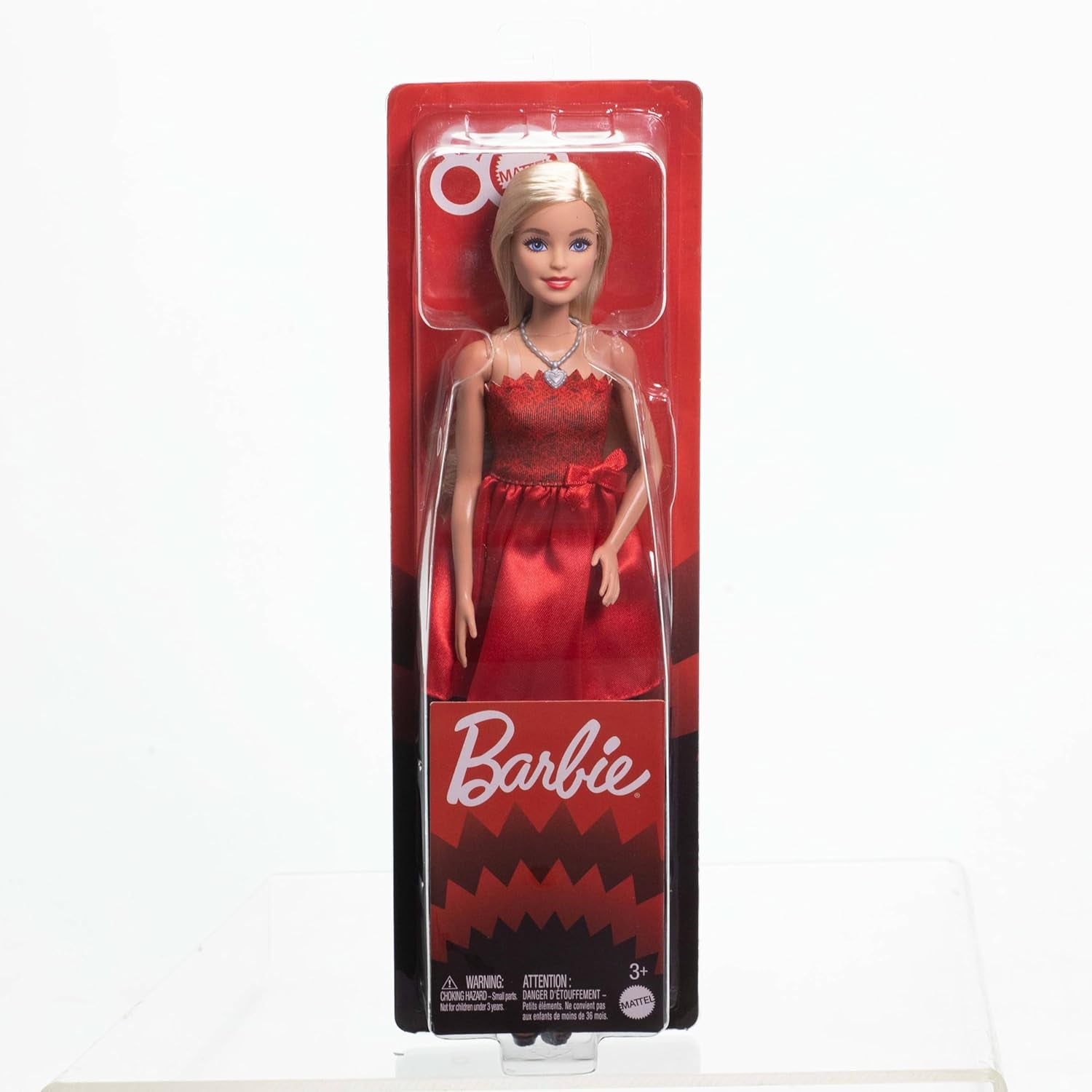 Mattel Rubinrote Blonde Barbie-Party-Modepuppe zum 80. Jubiläum roten Kleid mit silbernen Schuhen und Halskette, Sammelspielzeug, JGD25