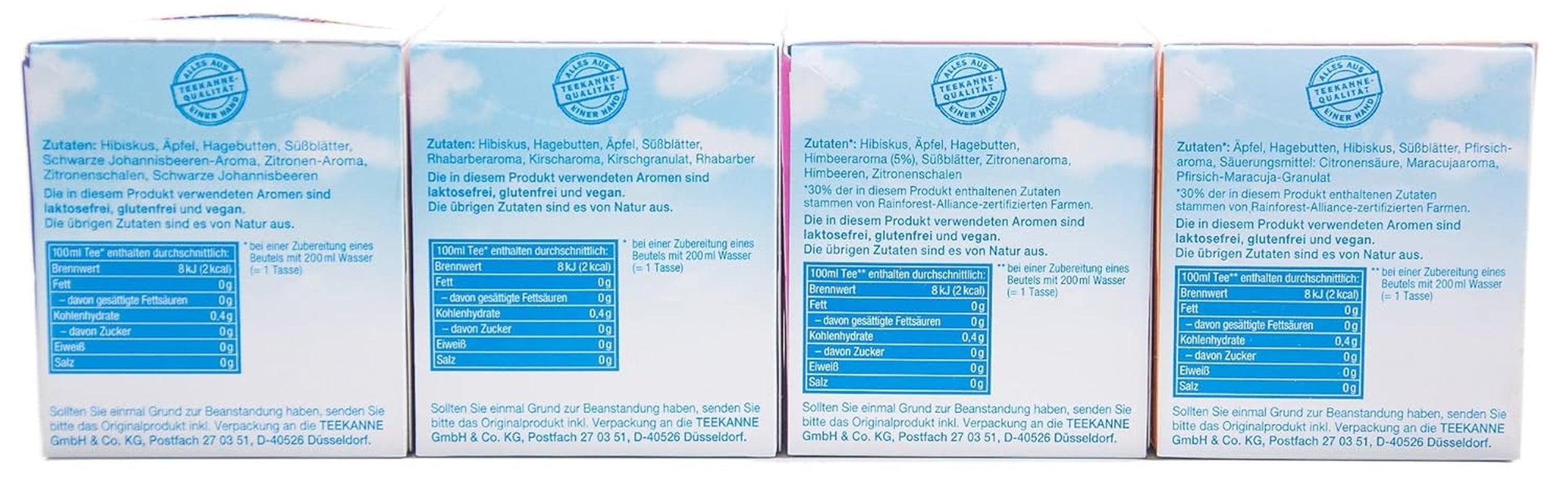 Teekanne Frio pachet de 4, rubarbă-cireșe, coacăze-lămâie, zmeură-lămâie, piersică-maracuja (4 x 45 g)