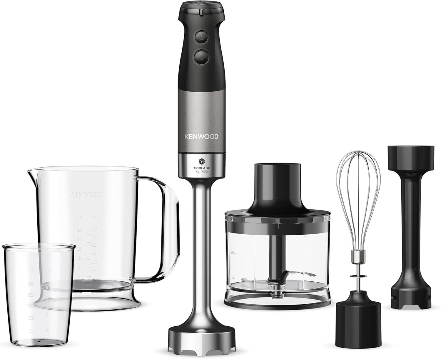Kenwood Triblade XL Pro Stabmixer HBM80.322BK, 1200W, Variable Speeds, Edelstahl(Pürierfuß), Schneebesen, Emulgieraufsatz, 500Ml Zerkleiner, 700 & 250Ml Becher, Spülmaschinenfeste Teile Bucatarie Naty Shop Schwarz Hbm80.322Bk