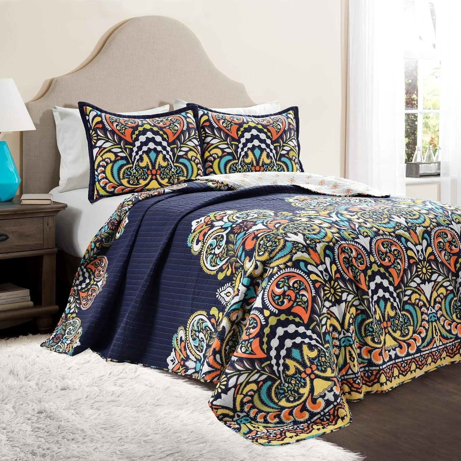 Lush Decor Clara quilt, cotton, turquoise and tangerine, Full/Queen Duvets and quilts Naty Shop Navy Full/Queen