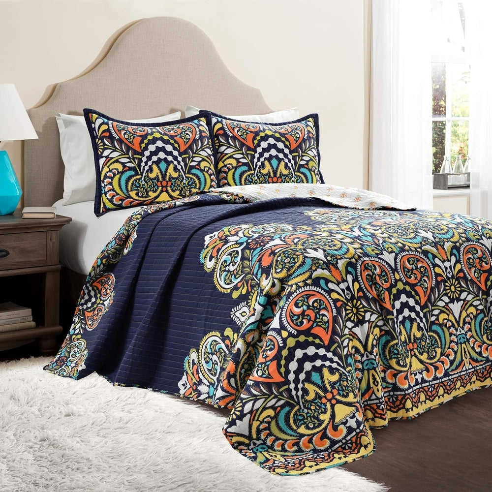 Lush Decor Clara quilt, cotton, turquoise and tangerine, Full/Queen Duvets and quilts Naty Shop Navy Full/Queen