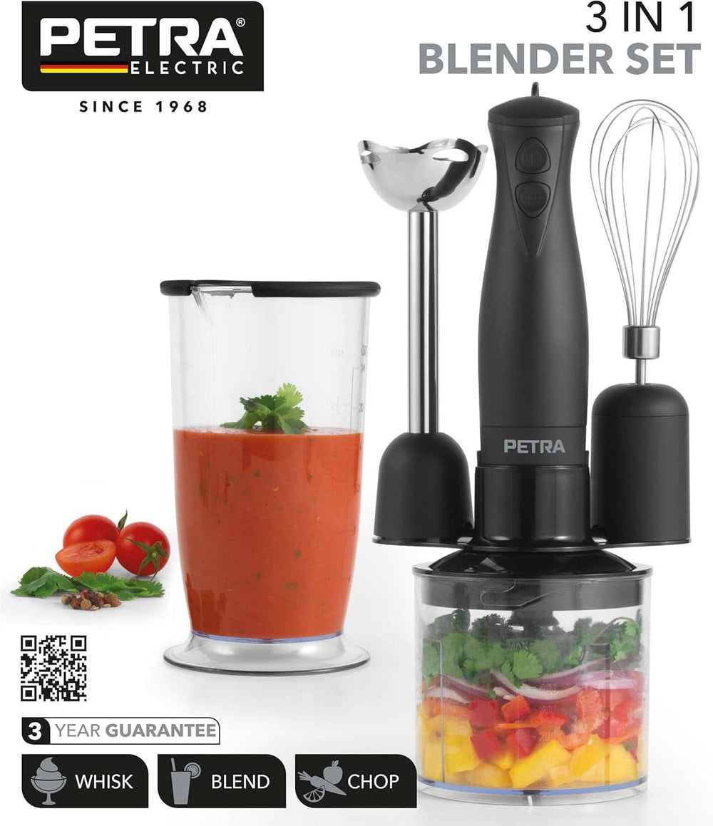 Petra PT2827BMBLKVDE 3-In-1 Mixer – Bpa-Free Attachments, 500Ml-Schüssel, 700Ml-Becher, Schneebesen, Mixen, Zerkleinern, 2 Geschwindigkeiten, Edelstahlklingen, Für Babynahrung, Smoothies, Saucen, 350W Mother and Child Naty Shop