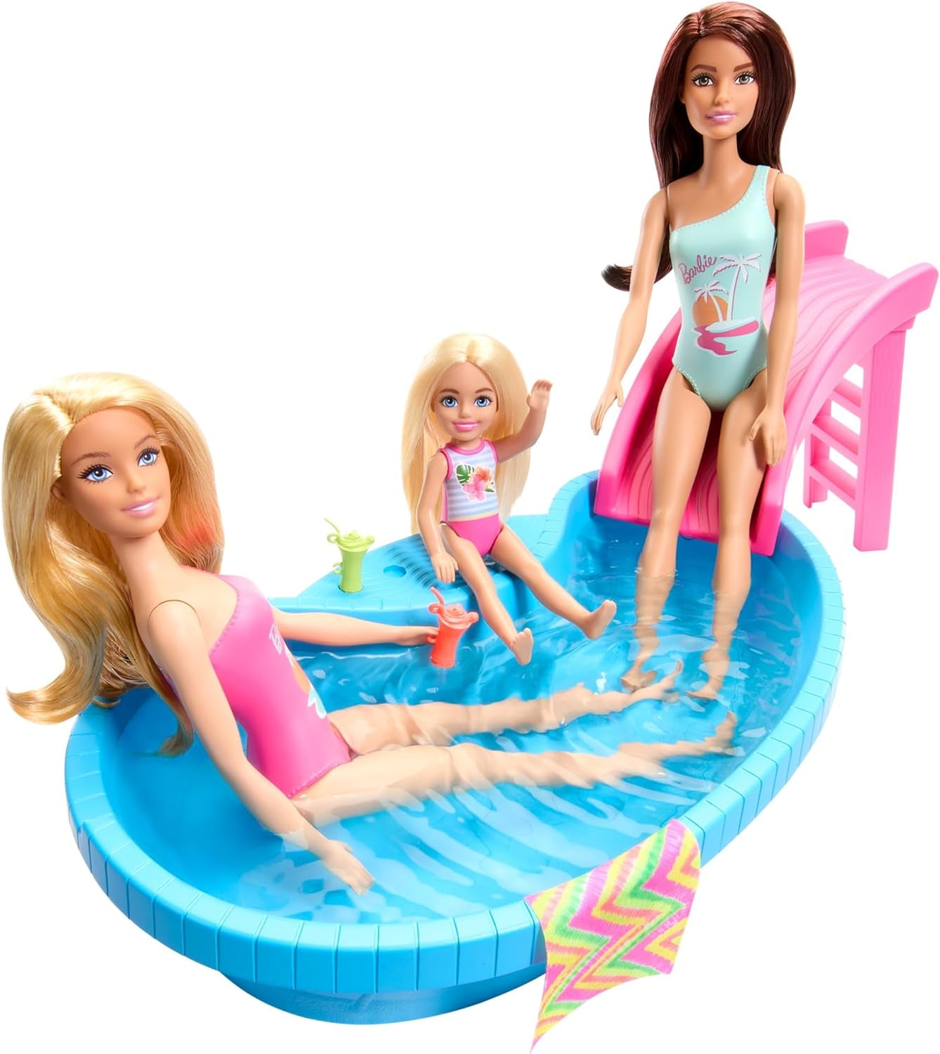 Păpușă Barbie și accesorii - piscină cu tobogan și accesorii pentru ore de distracție la soare, costum de baie roz cu design tropical, pentru copii de la 3 ani, HRJ74 Casute de papusi Naty Shop