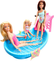 Barbie doll and accessories - pool with slide and accessories for hours of fun in the sun, pink swimsuit with tropical design, for children from 3 years, HRJ74 Naty Shop Dollhouses