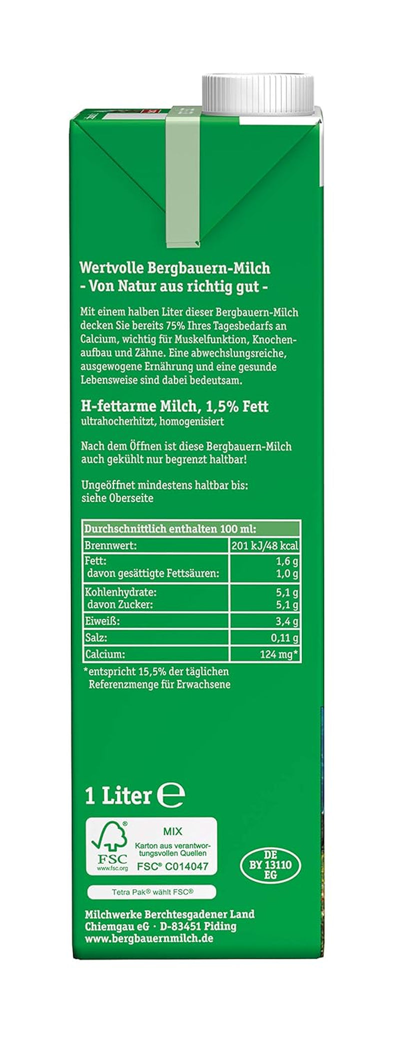 Berchtesgadener Land Haltbare Bergbauern-Milch, 1.5% Fett, 12er Pack (12 x 1 l)